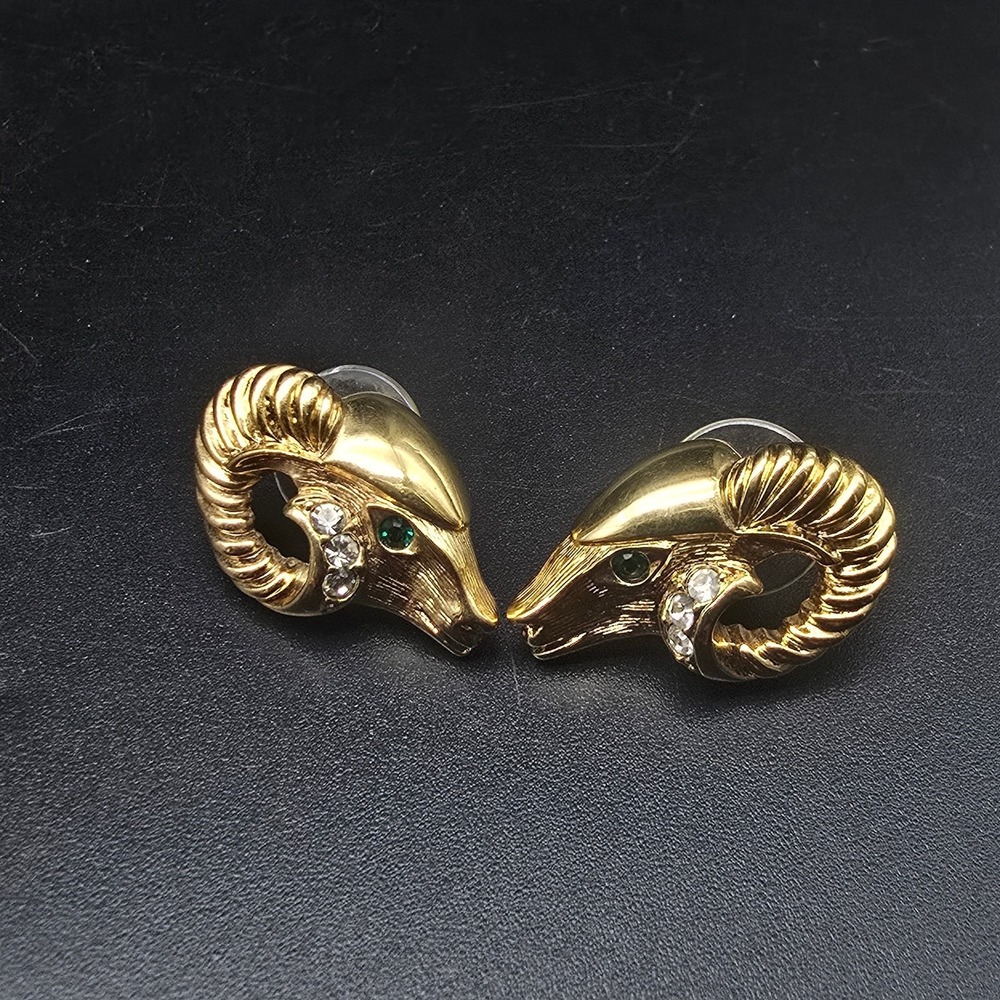 KJL Avon 1986 Sophisticated Lady Earrings Ram's Head Gold Tone Vintage 1980s